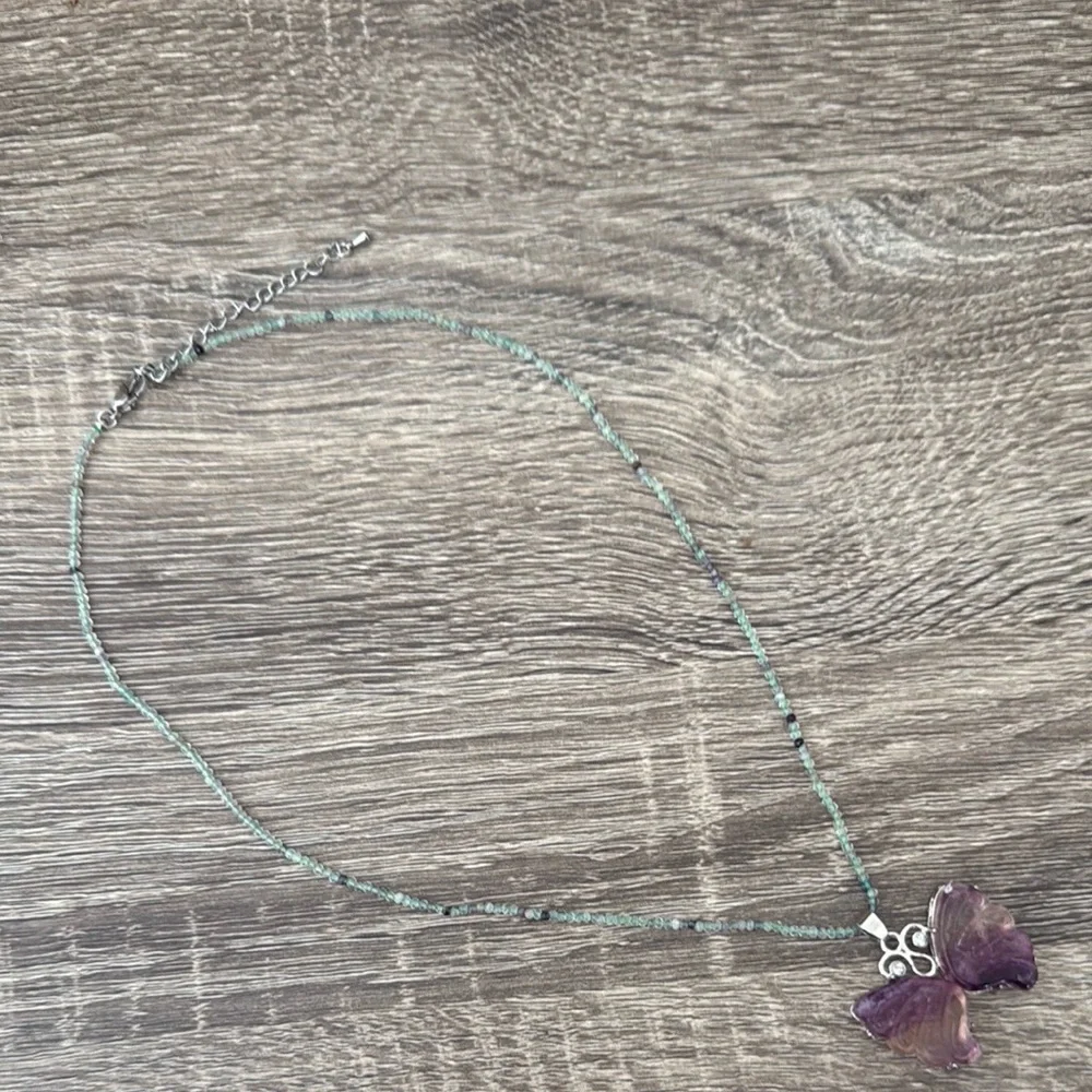 Handmade fluorite gemstone beaded necklace butterfly 18 inch elegant festival